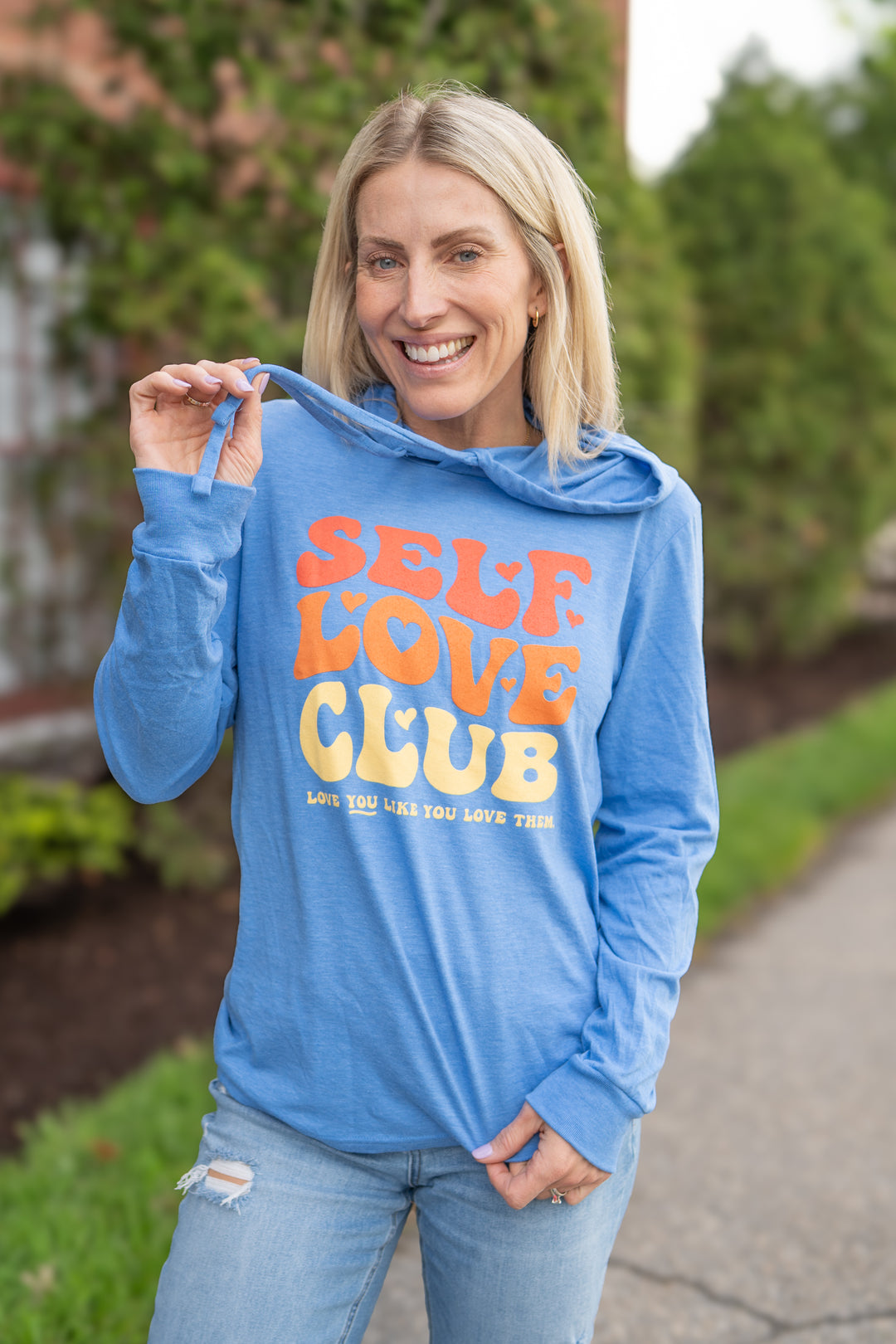SELF LOVE CLUB HOODED LONG SLEEVE — AZURE
